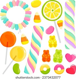 Collection of sweets, candy bracelet, jelly candy and lollipops. Colorful candy set. Vector illustration