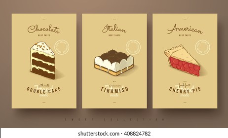 collection of sweets double cake, tiramisu and cherry pie, hand drawn