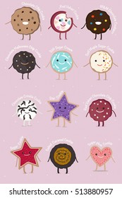 Collection of sweets emotion cute adorable cookies. Confectionery caramel and bakery food.
