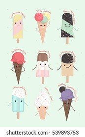 Collection of sweets emotion cute adorable cartoon ice-cream different shape. Confectionery caramel food. 