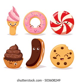 Collection sweets emotion dessert candy and doodle icon, cute cake, candy, sweet ice cream, cookie. Confectionery caramel sweet set. Comic characters. Vector illustrations.