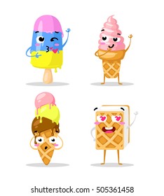 Collection sweets emotion lovely ice cream, doodle icons. Beautiful sweet ice cream. Set of funny ice creams. Flat design. Vector clip art