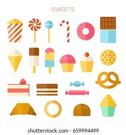 Collection of sweets in a flat style. Sweets, caramels, rolls, muffins, donuts, ice cream, cakes, chocolate, croissant. Flat design. Set vector illustration. Trendy design. White background isolated