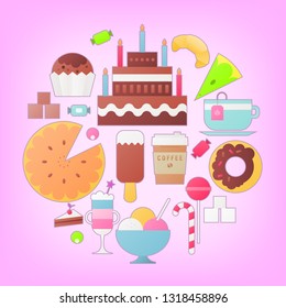 Collection of Sweets in Flat Style. Sweets, Cupcake, Donut, Ice Cream, Croissant, Big Cake, Coffee on Pink Background. Vector Illustration.