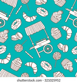 Collection of sweets hand drawn seamless pattern. Doodle background set of confection. Vector cafe pattern