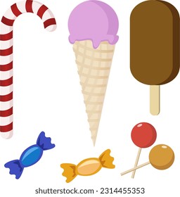 Collection of sweets, lollipops, ice cream cone and candy cane (cut out)