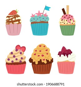 Collection of sweets muffins and cupcakes with cream. Sweet pastries decorated with cherry and heart. Vector illustration in flat style.