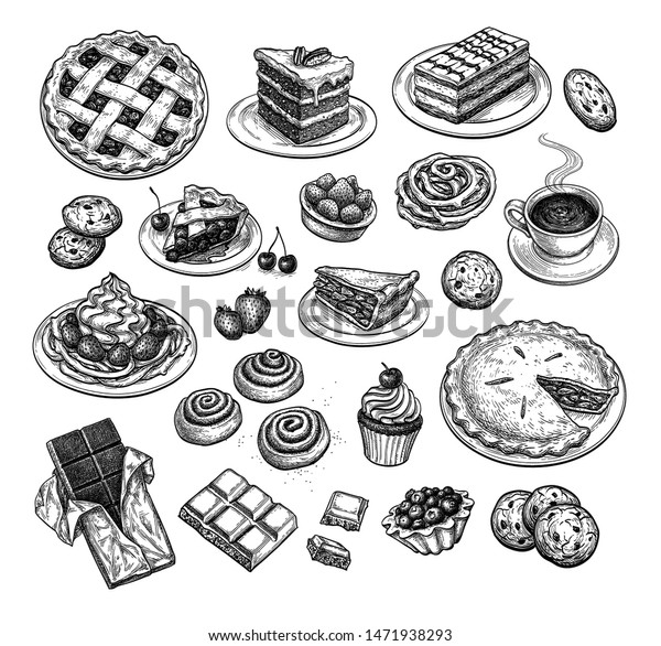 Collection of sweets and pastries. Popular\
desserts. Ink sketch set isolated on white background. Hand drawn\
vector illustration. Retro\
style.