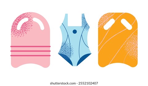 Collection of swimming equipment and accessories swimsuits, goggles, flippers, swim caps, water bottle, towel, and kickboard. Flat cartoon illustration with colorful design elements isolated