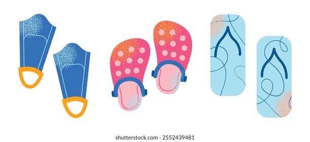 Collection of swimming equipment and accessories swimsuits, goggles, flippers, swim caps, water bottle, towel, and kickboard. Flat cartoon illustration with colorful design elements isolated