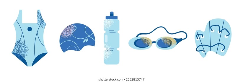 Collection of swimming equipment and accessories swimsuits, goggles, flippers, swim caps, water bottle, towel, and kickboard. Flat cartoon illustration with colorful design elements isolated