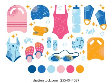 Collection of swimming equipment and accessories swimsuits, goggles, flippers, swim caps, water bottle, towel, and kickboard. Flat cartoon illustration with colorful design elements isolated