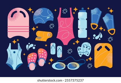 Collection of swimming equipment and accessories swimsuits, goggles, flippers, swim caps, water bottle, towel, and kickboard. Flat cartoon illustration with colorful design elements isolated