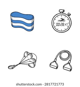 A collection of swimming gear featuring a blue pull buoy digital stopwatch swim parachute and resistance band for competitive training and fitness exercises.
