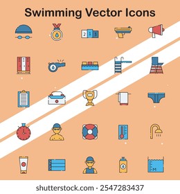 Colección de iconos de natación que representan deportes acuáticos y equipo de natación ideal para fitness y actividades al aire libre.