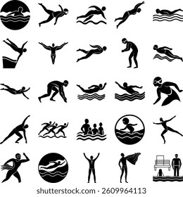 Collection of swimming icons showing various swimming styles and water activities poses silhouette