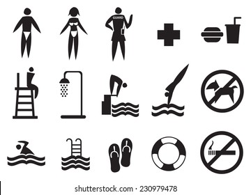 Collection of swimming pool vector icons in black isolated on white 