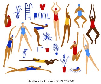 Colección con mujeres nadadoras. Graciosos personajes de la caricatura de los nadadores. Conjunto de elementos aislados de la piscina.