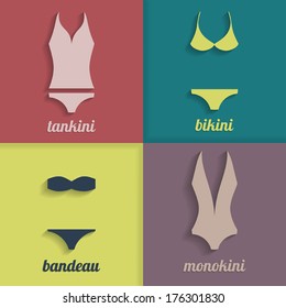 collection of swimsuit silhouettes in flat design vector background