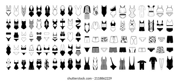 A collection of swimwear, bikinis and swimming trunks for men, women and children. Black and white illustrations of various models of swimsuits.