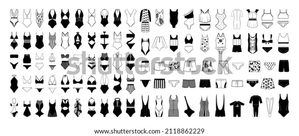 A collection of swimwear, bikinis and swimming\
trunks for men, women and children. Black and white illustrations\
of various models of\
swimsuits.