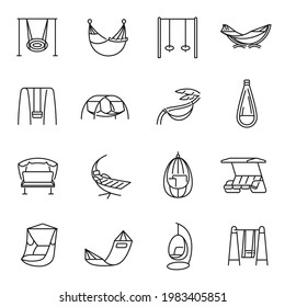Collection swing and hammock icon set vector illustration. Set of linear monochrome textile equipment for relaxation or sleep isolated. Detail for outdoor or indoor resting. Symbol of holiday vacation