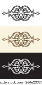 Collection of swirl decorative design elements in three colors. Vintage damask, baroque wedding floral ornaments. Engraving retro pattern. Vector illustration for decoration, cards, invitation