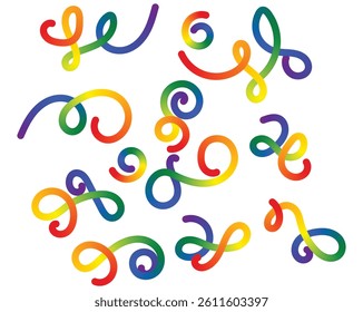 A collection of swirling shapes in multiple bright colors including red, orange, yellow, green, blue, and purple is scattered across a plain white background, forming a lively and artistic design.