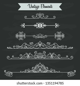 Collection of swirls ornaments decoration elements for invitation on chalk board background - hand drawn vintage ornament