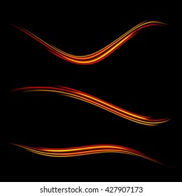 Collection Of Swoosh Waves. Light Swirl Trail Trace Effect On Black Background. Glitter Fire Spark Wave Line With Flying Sparkling Flash Lights. Easy To Use.