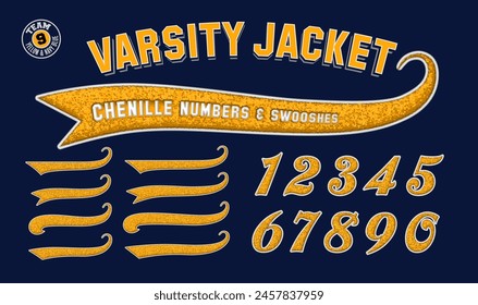 a collection of swooshes and numbers in collegiate varsity style, similar to chenille letters that art sewn on to letterman jackets.