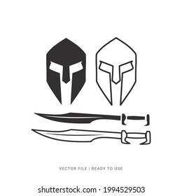 Collection of swords and helmet of spartan warrior logo icon vector illustration symbol on white background. Suitable for poster, flyer, greeting cards, sticker, social media and tshirt design