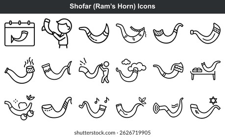 Collection of symbolic shofar ram's horn icons illustrated in black and white design