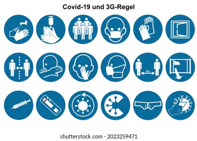 Colección de símbolos para Covid-19 y la regla 3G. Archivo de vector