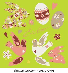 Collection of symbols of Easter: Easter Bunny, eggs, flying birds, flowers. 