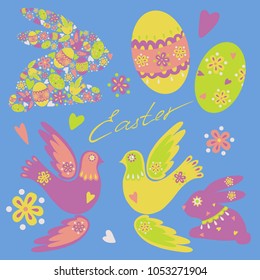 Collection of symbols of Easter: Easter Bunny, eggs, flying birds, flowers. 