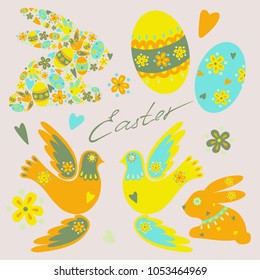 Collection of symbols of Easter: Easter Bunny, eggs, flying birds, flowers. 