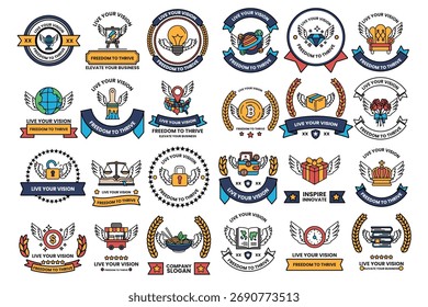 A collection of symbols and emblems, including a cross, a heart, and a truck. The symbols are all white and arranged in a grid
