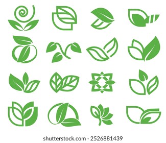 A collection of symbols featuring leaves, an emblem for ecology, organic and natural products, and a healthy lifestyle.
