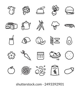 collection of symbols, food, vegan, garden basket, vector pictogram, drawing, fruits, vegetables, food, organic garden, short circuit, market gardener, vegetable garden