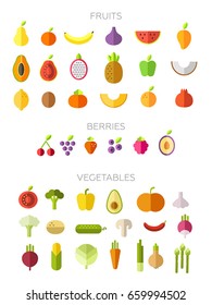 Collection of symbols of fruits, berries and vegetables in a flat style. Set vector illustration. Trendy design. White isolated. Flat design elements. Raw diet. Healthy, natural, organic food