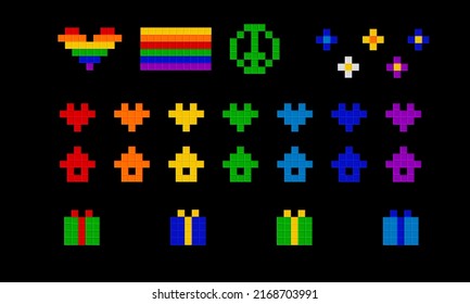 Collection Of Symbols: Heart, Home, Present, Flower, Lgbt Flag, Pacific. Colorful Simple Signs