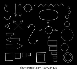 A collection of symbols for infographics. Arrows, frames, lines and circles in and abstract doodle writing design set. Stylish Vector hand-written illustration on blackboard.