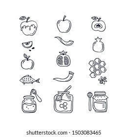 Collection with symbols of Jewish holiday Rosh Hashanah, New Year. Shana tova vector illustration. Doodle style.