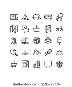 collection of symbols on the theme of camping, holidays, leisure center, holiday center, rental of tents, caravans, cabins, mobile homes, chalets, lodges, eco-tourism, leisure park, glamping