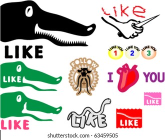 Collection of symbols reading "I like you", "Like" and "Follow"
