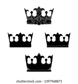 collection of symbols of the royal crown in vintage and rococo style, with engraving and floral ornament, different degrees of drawing. isolated vector illustration on white background
