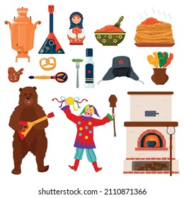 Collection of symbols of Russian culture.  Red caviar, bear, pancakes, balalaika, jester, vodka. Vector illustration.
