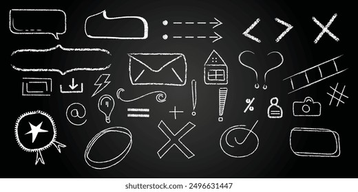 A collection of symbols and shapes drawn on a blackboard. The symbols include a heart, a house, a camera, a question mark, and an arrow. Scene is playful and creative