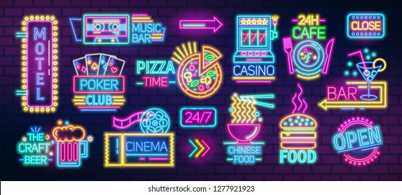 Collection of symbols, signs or signboards glowing with colorful neon light for poker club, casino, pizzeria, Chinese food cafe or restaurant, motel, cocktail bar. Bright colored vector illustration.